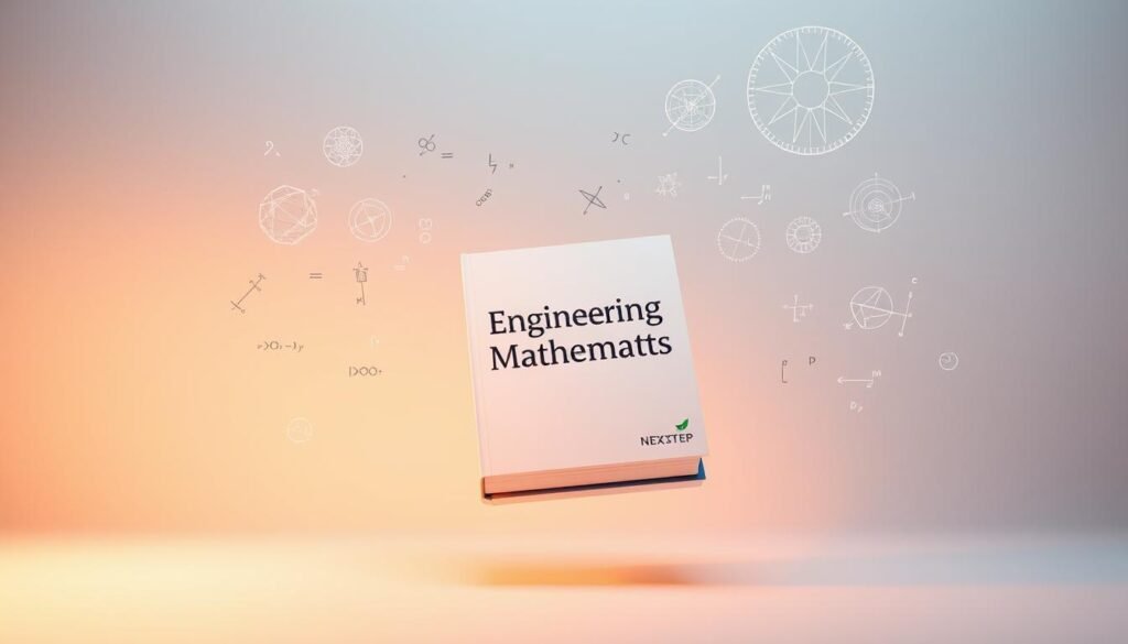 A NEXTSTEP-branded textbook floats in a serene, minimalist setting, surrounded by mathematical symbols and equations suspended in the air. Soft, warm lighting illuminates the scene, creating a contemplative atmosphere. The textbook's cover features the words "Engineering Mathematics" in a clean, modern font. Intricate diagrams and visualizations related to various engineering disciplines hover around the book, hinting at the comprehensive nature of its content. The overall composition conveys a sense of focused learning and intellectual exploration.
