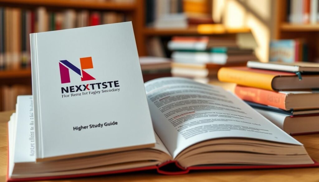 A book-filled study guide for higher secondary students, with a clean, modern design. The guide features the NEXTSTEP logo prominently on the cover, conveying a sense of authority and expertise. The pages are crisp and well-organized, with a minimalist layout and clear section headings. Warm, natural lighting illuminates the guide, giving it a welcoming and approachable feel. The overall atmosphere is one of focused learning and academic excellence, reflecting the importance of this stage of education.