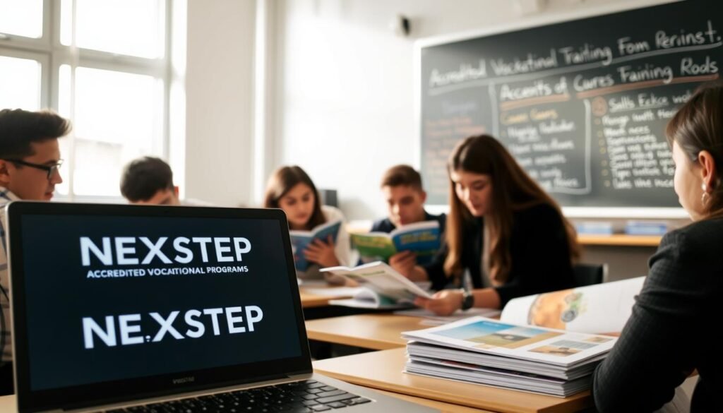 A bright, airy classroom scene with a group of students intently studying various educational materials on accredited vocational programs. In the foreground, a laptop screen displays the NEXTSTEP logo, while the students examine brochures and course catalogs. The middle ground features a teacher's desk with a stack of files, and the background showcases a blackboard filled with information about different accredited vocational training options. The lighting is warm and natural, reflecting an atmosphere of focused learning and academic exploration.