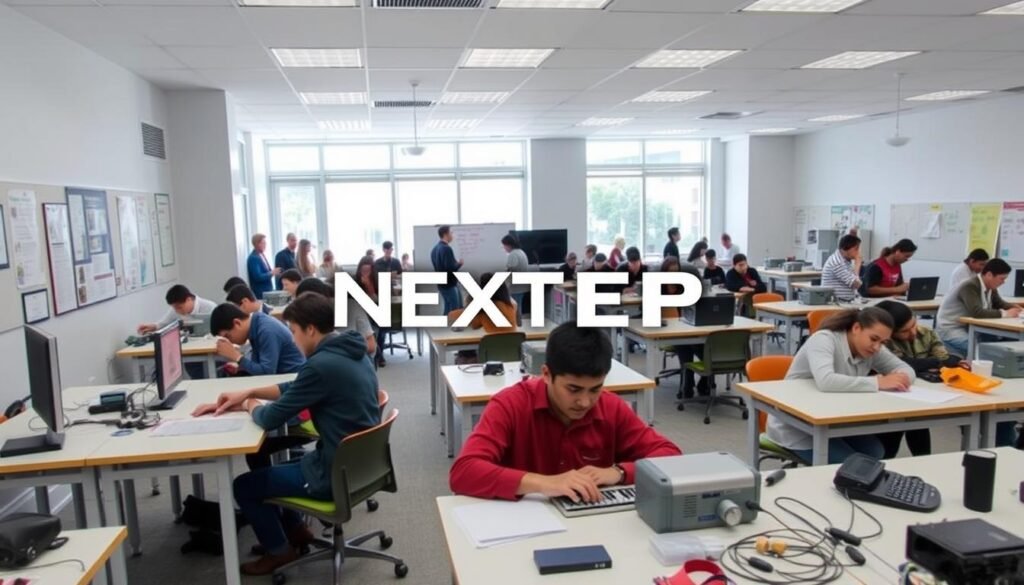 A bright, well-lit classroom with modern desks and chairs, showcasing a diversity of students engaged in various vocational training activities. In the foreground, a group of students work intently on technical equipment, surrounded by informative posters and a prominent NEXTSTEP text logo. The middle ground features a mix of hands-on demonstrations and lectures, while the background depicts a cheerful and inspiring environment with large windows, allowing natural light to flood the space. The overall atmosphere conveys a sense of excitement, learning, and the promise of a fulfilling future through vocational education.
