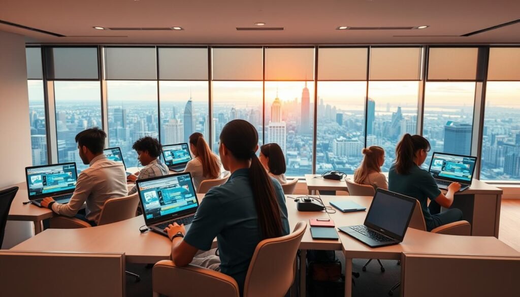 A brightly lit, modern online learning environment with a sleek and minimalist aesthetic. In the foreground, a group of diverse students are intently focused on their laptop screens, immersed in interactive lectures and dynamic visual aids. The middle ground features a virtual classroom setup with modular furniture and cutting-edge educational technology, creating a seamless, collaborative atmosphere. In the background, a panoramic view of a vibrant cityscape fills the frame, conveying a sense of global connectivity and the boundless possibilities of online higher secondary education. Warm, natural lighting filters through large windows, enhancing the sense of openness and innovation. The overall mood is one of productivity, engagement, and a vision for the future of higher secondary learning. A brightly lit, modern online learning environment with a sleek and minimalist aesthetic. In the foreground, a group of diverse students are intently focused on their laptop screens, immersed in interactive lectures and dynamic visual aids. The middle ground features a virtual classroom setup with modular furniture and cutting-edge educational technology, creating a seamless, collaborative atmosphere. In the background, a panoramic view of a vibrant cityscape fills the frame, conveying a sense of global connectivity and the boundless possibilities of online higher secondary education. Warm, natural lighting filters through large windows, enhancing the sense of openness and innovation. The overall mood is one of productivity, engagement, and a vision for the future of higher secondary learning.
