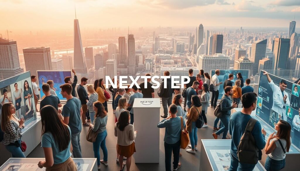 A bustling career fair, set against a vibrant cityscape. In the foreground, a diverse group of young adults navigate interactive displays, each representing a unique career pathway. The NEXTSTEP logo stands prominently, guiding them towards their future. The middle ground features inspirational mentors engaged in lively discussions, gesturing towards holographic projections of various professions. In the background, a panoramic view of skyscrapers and transportation hubs, symbolizing the vast opportunities awaiting these ambitious individuals. Warm lighting casts a dreamlike glow, instilling a sense of optimism and endless possibilities.