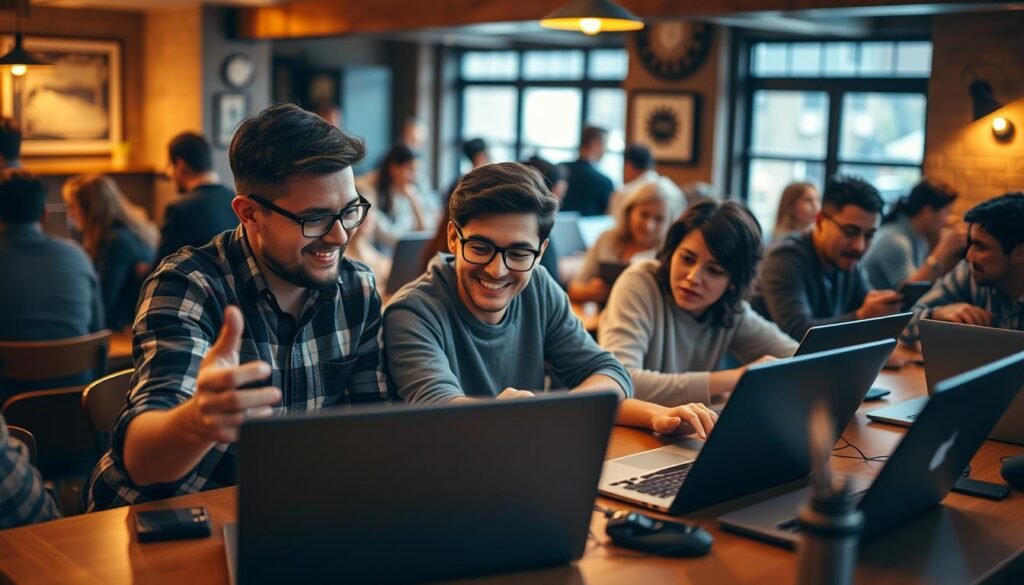 A bustling coding meetup in a cozy cafe, with a group of eager learners gathered around a large table, laptops open and hands gesturing animatedly. The warm, diffused lighting casts a welcoming glow, reflecting off the wooden surfaces and creating a sense of camaraderie. In the foreground, a friendly-looking mentor guides a student through a coding exercise, their expressions engaged and collaborative. In the background, other pairs and small groups are deep in discussion, exchanging ideas and troubleshooting problems. The overall atmosphere is one of learning, sharing, and a shared passion for the craft of coding.