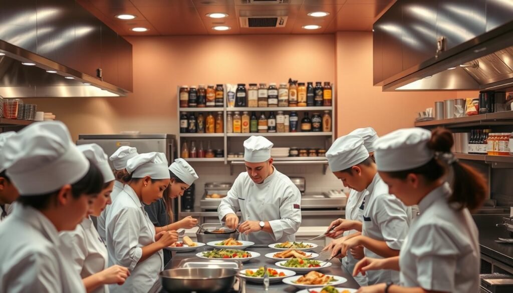A bustling commercial kitchen, illuminated by warm overhead lighting and gleaming stainless steel appliances. In the foreground, a group of students in crisp white uniforms and toques diligently preparing various dishes, their faces focused as they chop, sauté, and plate with precision. The middle ground features an instructor demonstrating a technique, guiding the students with a calm, experienced demeanor. In the background, towering shelves stocked with an array of spices, herbs, and specialty ingredients, hinting at the breadth of culinary knowledge being imparted. The scene conveys a palpable sense of energy, dedication, and the transformative power of vocational training in the culinary arts.