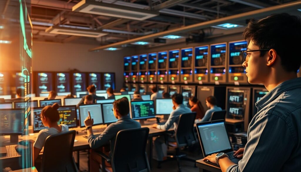 A bustling computer lab with students immersed in their studies, surrounded by cutting-edge AI-powered technologies. In the foreground, a student interfaces with a futuristic holographic display, manipulating data with fluid hand gestures. In the middle ground, clusters of students collaborate on complex coding projects, their screens illuminated by a soft, ambient glow. The background showcases an array of state-of-the-art hardware - servers, workstations, and cutting-edge peripherals, all working in harmony to power the next generation of AI-driven educational innovations. The scene is bathed in a warm, inspirational light, conveying a sense of optimism and the transformative potential of AI in the field of computer studies.