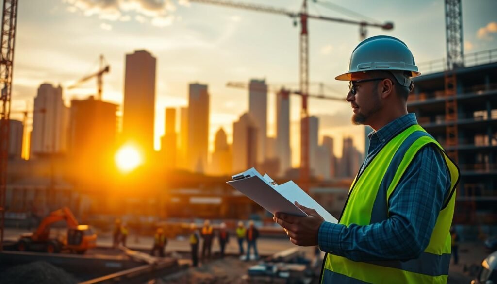 A bustling construction site in warm, golden light. In the foreground, a construction manager in a high-visibility vest and hard hat reviews blueprints on a clipboard, overseeing a team of workers laying the foundation for a new building. In the middle ground, cranes and excavators move materials, while in the background, the silhouettes of skyscrapers rise against a vibrant sunset sky. The scene conveys a sense of progress, organization, and the skilled leadership required to bring a construction project to life.