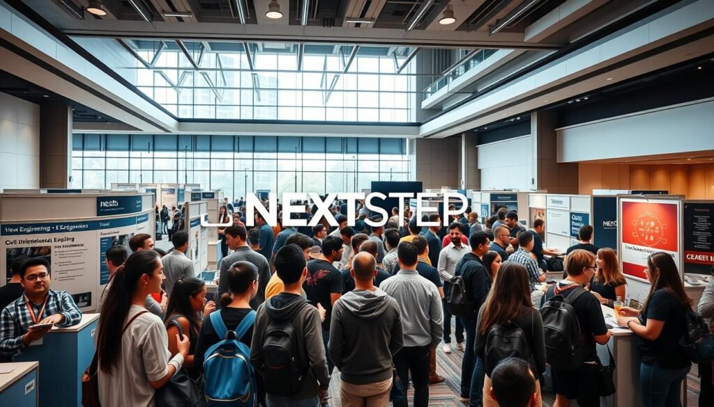 A bustling engineering career fair, with various booths and displays showcasing diverse engineering disciplines. In the foreground, a group of eager students engage with industry professionals, discussing opportunities in civil, mechanical, electrical, and computer engineering. The middle ground features a NEXTSTEP text logo, providing a visual anchor for the scene. In the background, a sleek, modern conference center setting with floor-to-ceiling windows, bathed in warm, natural lighting, creates an inviting and aspirational atmosphere.