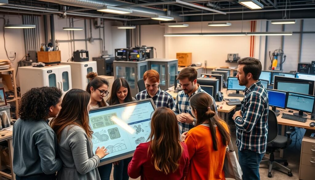 A bustling engineering office with a group of diverse young professionals collaborating on a cutting-edge project. The foreground features a team of interns huddled around a large touchscreen display, brainstorming ideas and sketching diagrams. In the middle ground, senior engineers provide guidance and feedback, their body language conveying a sense of mentorship. The background showcases an array of state-of-the-art engineering equipment, 3D printers, and computer workstations, all bathed in a warm, focused lighting that creates a productive and innovative atmosphere. The scene captures the dynamic energy and skill-building opportunities of an engineering internship.