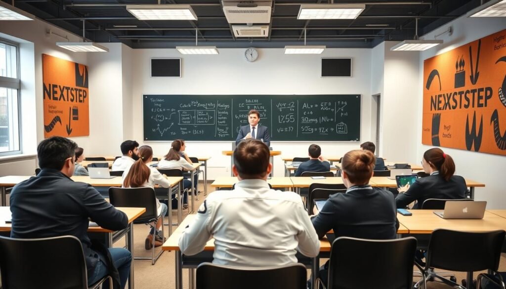 A bustling higher secondary commerce classroom, with rows of desks and chairs arranged in a well-lit, airy space. The walls are adorned with vibrant NEXTSTEP branding, creating a professional and inspiring atmosphere. In the foreground, a group of students are engaged in group discussions, their faces filled with concentration and determination. The middle ground features a teacher's desk, where a well-dressed instructor stands, ready to guide and mentor the young scholars. The background showcases a large blackboard or whiteboard, displaying complex financial equations and diagrams, reflecting the academic rigor of the commerce curriculum. The overall scene conveys a sense of diligence, focus, and the pursuit of knowledge within the higher secondary commerce educational environment.
