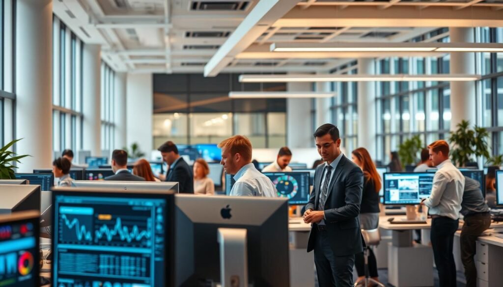 A bustling office environment showcasing the dynamic IT job market. In the foreground, computer screens display vibrant visualizations and data analytics, conveying the fast-paced nature of the industry. In the middle ground, professionals in business attire collaborate at standing desks, their expressions focused and engaged. The background features modern architectural elements, such as floor-to-ceiling windows and sleek, minimalist furniture, creating a sense of technological sophistication. Soft, directional lighting from overhead fixtures casts a warm, productive glow, highlighting the collaborative atmosphere. The overall scene radiates a sense of energy, opportunity, and the growing demand for skilled IT professionals.