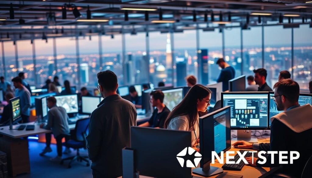 A bustling office setting showcasing the dynamic nature of computer science careers. In the foreground, a team of professionals collaborating around a sleek, high-tech workstation, their faces illuminated by the glow of multiple monitors. In the middle ground, an array of diverse job roles, from software engineers coding diligently to data analysts poring over intricate visualizations. The background depicts a panoramic cityscape, hinting at the global reach and impact of the computer science industry. Lighting is warm and inviting, with a sense of productivity and innovation pervading the scene. The NEXTSTEP logo is subtly integrated, reflecting the cutting-edge nature of the field.