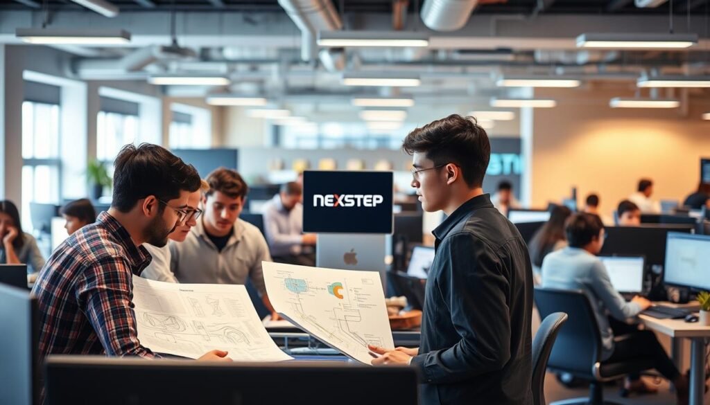 A bustling office setting, with engineers collaborating at their desks. Warm, diffused lighting casts a professional ambiance. In the foreground, a group reviews design schematics, discussing potential solutions. In the middle ground, a young engineer presents to a NEXTSTEP logo sign, showcasing their internship projects. The background features a modern, open-concept workspace, with engineers engaged in coding, testing, and analysis. The atmosphere conveys the importance of hands-on experience and the value of internships in shaping the careers of aspiring engineers.