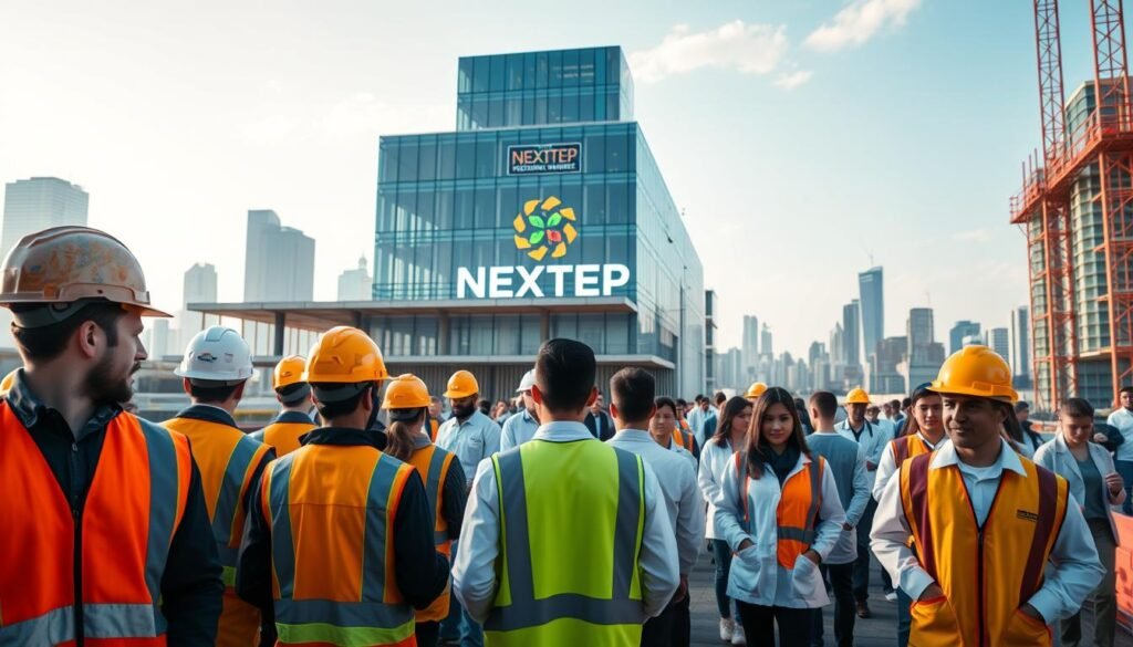 A bustling scene of vocational job opportunities, captured with a wide-angle lens and warm, natural lighting. In the foreground, a group of interns in hard hats and safety vests, engaged in hands-on training at a construction site. In the middle ground, a NEXTSTEP logo emblazoned on the facade of a modern vocational training center, surrounded by students in lab coats and coveralls. The background reveals a skyline of towering skyscrapers, hinting at the diverse career paths awaiting those who pursue vocational education. An atmosphere of optimism, growth, and possibility permeates the scene. A bustling scene of vocational job opportunities, captured with a wide-angle lens and warm, natural lighting. In the foreground, a group of interns in hard hats and safety vests, engaged in hands-on training at a construction site. In the middle ground, a NEXTSTEP logo emblazoned on the facade of a modern vocational training center, surrounded by students in lab coats and coveralls. The background reveals a skyline of towering skyscrapers, hinting at the diverse career paths awaiting those who pursue vocational education. An atmosphere of optimism, growth, and possibility permeates the scene.