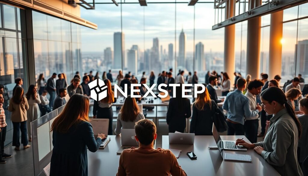 A bustling tech hub filled with diverse professionals, backlit by a warm glow of innovation. In the foreground, a group of colleagues collaborate at a sleek, minimalist workspace, laptops and notepads in hand. The NEXTSTEP logo prominently displayed, reflecting the company's commitment to cutting-edge technology. In the middle ground, a panoramic view of an open-concept office, with glass walls allowing natural light to flood the space. Employees engaged in lively discussions, exchanging ideas and forging connections. The background features a skyline of towering skyscrapers, symbolizing the vast networking opportunities within the thriving tech industry.