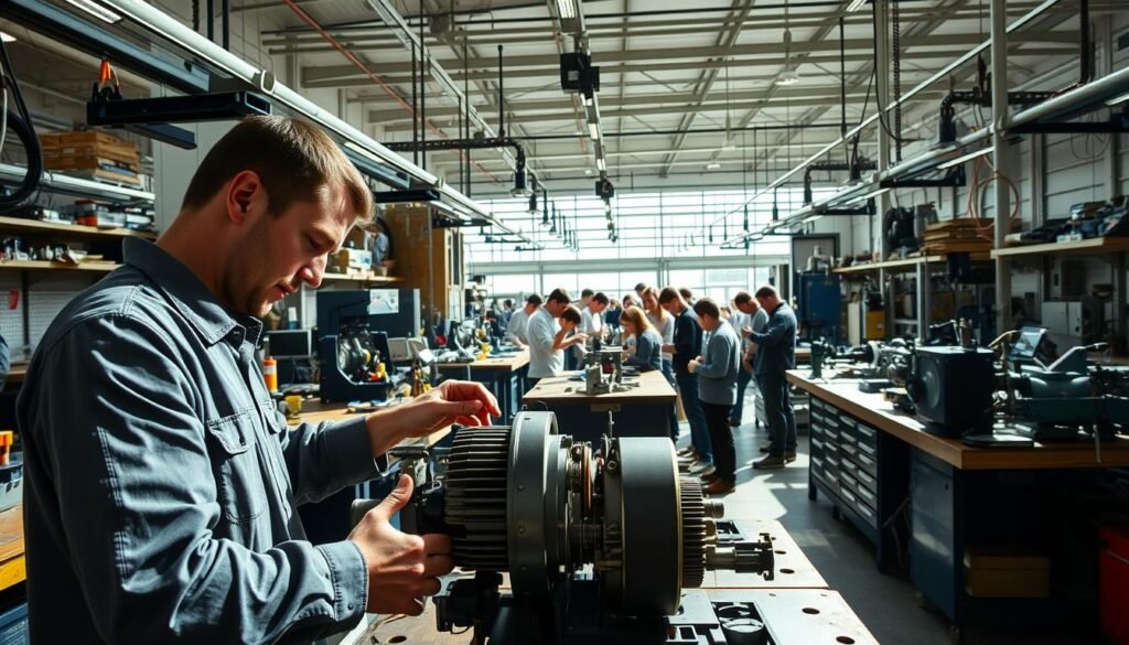 A bustling technical workshop filled with an array of tools, equipment, and workbenches. In the foreground, a skilled technician diligently assembles a complex machine, their hands moving with precision and expertise. Bright, directional lighting casts dynamic shadows, highlighting the intricate details of the workspace. The middle ground features a diverse group of trainees, each engrossed in their own projects, honing their technical skills under the guidance of experienced mentors. The background showcases an open, airy space with high ceilings, suggesting a well-equipped and modern vocational training facility. An atmosphere of focus, collaboration, and the pursuit of technical excellence permeates the scene.