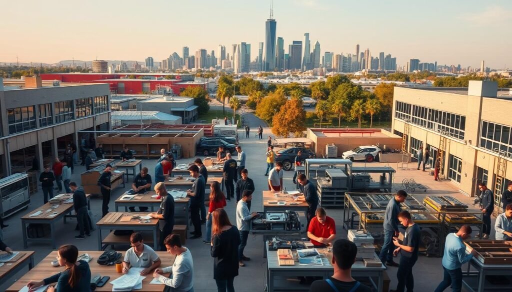 A bustling vocational education campus, bathed in warm afternoon light. In the foreground, students engage in hands-on training, honing their skills in various trades - carpentry, mechanics, culinary arts. The middle ground features modern, well-equipped workshops and classrooms, where instructors guide learners through the latest techniques and technologies. In the background, a vibrant cityscape rises, symbolizing the integration of vocational pathways with the dynamic economic landscape. The scene conveys a sense of purpose, innovation, and the promise of empowering the next generation of skilled professionals.