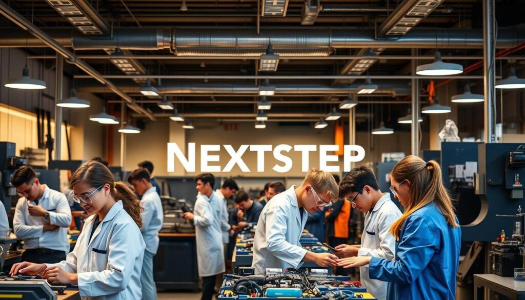 A bustling vocational education campus, with students engaged in hands-on learning. In the foreground, a group of students in lab coats and safety goggles, working on a technical project. The midground features a modern, well-equipped workshop filled with advanced machinery and tools, bathed in warm, directional lighting. In the background, a stylized "NEXTSTEP" text logo stands proudly, signifying the institution's commitment to practical, career-focused education. The overall scene conveys a sense of productivity, innovation, and the rewarding benefits of vocational training - a pathway to a fulfilling, in-demand career in less time.