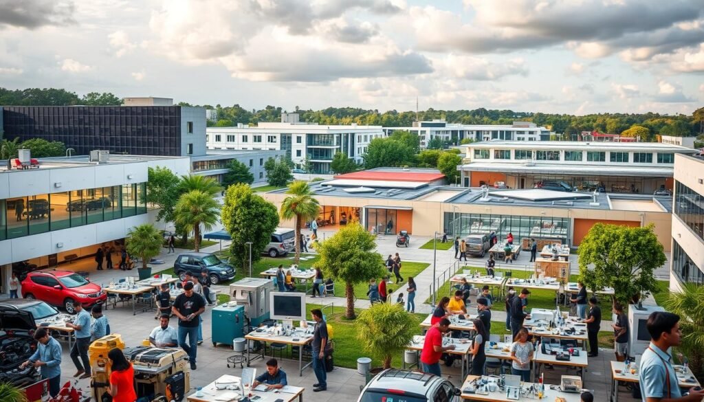 A bustling vocational school campus, set against a backdrop of modern architecture and lush greenery. In the foreground, students engage in hands-on learning, operating machinery, experimenting in labs, and collaborating in workshops. The middle ground showcases diverse program offerings, from automotive technology to culinary arts, each represented by vibrant visual cues. The background features an array of career-focused facilities, from state-of-the-art computer labs to spacious training halls, all bathed in warm, natural lighting that filters through large windows. The overall atmosphere exudes a sense of opportunity, innovation, and the promise of a fulfilling future through vocational education.