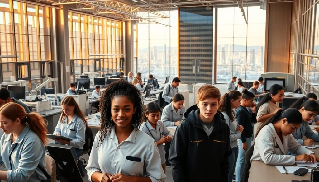 A bustling vocational training center, its modern architecture bathed in warm, natural light. In the foreground, a group of students engrossed in hands-on activities, their faces alight with determination. The middle ground showcases state-of-the-art workshops and laboratories, where young learners hone their technical skills. In the background, a vibrant cityscape hints at the diverse career opportunities awaiting these aspiring professionals. The overall scene conveys the energy, innovation, and promise of vocational education as a pathway to personal and professional growth.