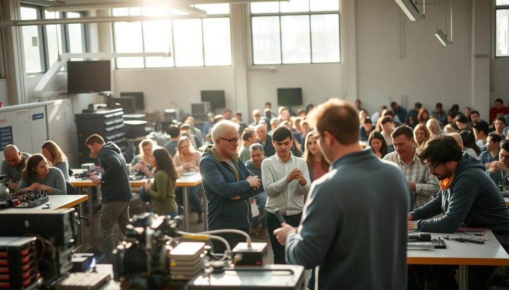 A bustling vocational training center, sunlight streaming through large windows illuminating the modern, well-equipped classrooms. In the foreground, students engaged in hands-on activities - welding, electronics, or mechanical repair - surrounded by state-of-the-art equipment and tools. In the middle ground, an instructor demonstrating a technique to a small group, their faces alight with concentration. The background features a diverse range of trainees, from young adults to mid-career professionals, all eager to acquire new skills and secure meaningful employment. A sense of purpose and opportunity permeates the scene, captured through a wide-angle lens with a shallow depth of field to draw the viewer's eye to the dynamic interactions.