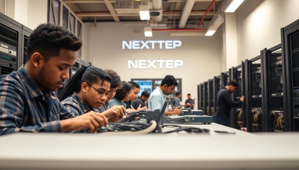 A bustling vocational training center, with students engaged in hands-on learning. In the foreground, a group of trainees work on networking equipment, their faces focused as they troubleshoot cables and connectors. Soft lighting casts a warm, educational glow, while the middle ground showcases various technical workshops, from carpentry to automotive repair. The background features the NEXTSTEP logo, signifying the high-quality training offered. An atmosphere of industry and opportunity pervades the scene, reflecting the vibrant job prospects available after vocational training. A bustling vocational training center, with students engaged in hands-on learning. In the foreground, a group of trainees work on networking equipment, their faces focused as they troubleshoot cables and connectors. Soft lighting casts a warm, educational glow, while the middle ground showcases various technical workshops, from carpentry to automotive repair. The background features the NEXTSTEP logo, signifying the high-quality training offered. An atmosphere of industry and opportunity pervades the scene, reflecting the vibrant job prospects available after vocational training.