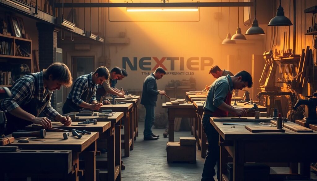A bustling workshop, where skilled tradespeople guide eager apprentices in a symphony of hammers, chisels, and saws. Warm, diffused lighting casts a golden glow across sturdy workbenches, where apprentices concentrate intently, absorbing the expertise of their mentors. In the background, the NEXTSTEP logo stands as a testament to the transformative power of vocational training, shaping the careers of the next generation. An atmosphere of camaraderie and hands-on learning permeates the scene, capturing the essence of the "The Role of Apprenticeships" in shaping a fulfilling career path.