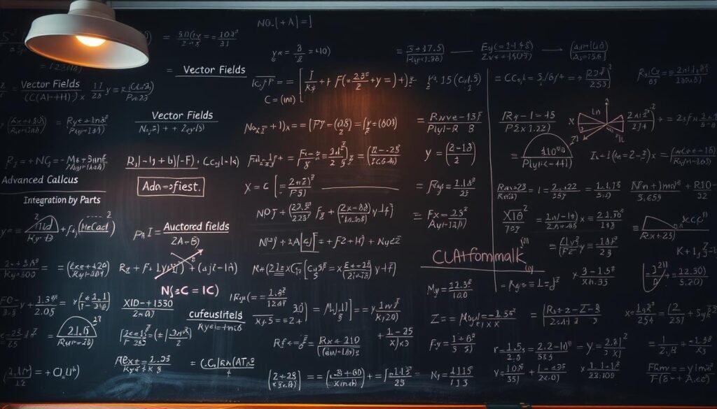 A chalkboard covered in complex mathematical equations and diagrams, illuminated by warm, focused lighting from an overhead lamp. Intricate vector fields, integration by parts, and partial derivatives fill the surface, creating a visually captivating representation of the depth and rigor of advanced calculus. The scene exudes an atmosphere of academic contemplation, inviting the viewer to delve into the profound insights and problem-solving challenges that lie within this challenging subject.