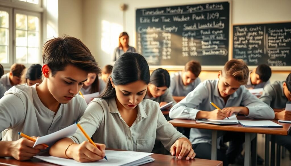 A classroom filled with focused students, hunched over desks, their brows furrowed in concentration as they tackle a series of mock exam papers. Soft, natural lighting filters in through large windows, casting a warm glow over the scene. The teacher, standing at the front, observes the students with a calm, encouraging demeanor. Pencils scratch against paper, the only sound breaking the serene silence. In the background, a chalkboard displays a timetable and motivational quotes, reinforcing the academic atmosphere. The students' postures convey determination and discipline, their faces reflecting the gravity of the exercise. This image captures the essence of dedicated preparation, a crucial step towards academic success. A classroom filled with focused students, hunched over desks, their brows furrowed in concentration as they tackle a series of mock exam papers. Soft, natural lighting filters in through large windows, casting a warm glow over the scene. The teacher, standing at the front, observes the students with a calm, encouraging demeanor. Pencils scratch against paper, the only sound breaking the serene silence. In the background, a chalkboard displays a timetable and motivational quotes, reinforcing the academic atmosphere. The students' postures convey determination and discipline, their faces reflecting the gravity of the exercise. This image captures the essence of dedicated preparation, a crucial step towards academic success.