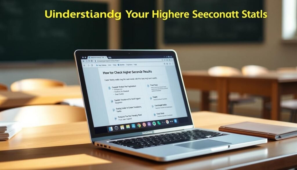 A classroom setting with a desk and a laptop displaying a website showing step-by-step instructions on how to check higher secondary exam results. Soft, natural lighting illuminates the scene, creating a calm and focused atmosphere. The laptop screen is the focal point, showcasing the process in a clear and organized manner. The background is blurred, emphasizing the importance of the information on the screen. The overall composition conveys a sense of guidance and understanding, reflecting the section title "Understanding Your Higher Secondary Results".
