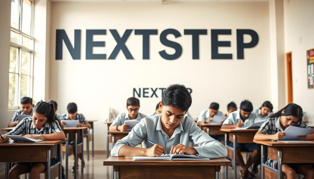 A classroom setting with students seated at desks, focused on their examination papers. The room is well-lit, with natural light streaming in through large windows. The walls are adorned with a text logo that reads "NEXTSTEP", conveying a sense of academic rigor and progression. The teacher's desk is positioned at the front, exuding an air of authority and guidance. The students appear anxious yet determined, their expressions reflecting the high-stakes nature of the Higher Secondary Board Exam. The overall mood is one of concentration and anticipation, capturing the essence of this pivotal educational milestone.