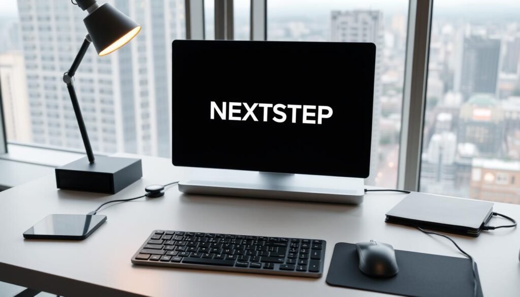 A clean, modern workspace with a well-organized desk, featuring a sleek laptop displaying a text logo for "NEXTSTEP" on the screen. A tactile mechanical keyboard, a minimalist mouse, and a warm task light provide a focused, productive atmosphere. In the background, a large window overlooking a cityscape, with soft, diffused natural light filtering in. The scene conveys a sense of calm concentration and the foundational principles of programming, ready to inspire the computer studies student.