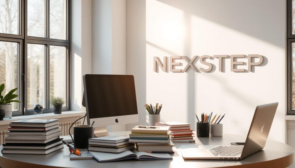 A clean, well-lit study space with a desktop computer, books, stationery, and a text logo for "NEXTSTEP" on the wall. Sunlight filters through large windows, casting a warm glow on the scene. Neatly organized study materials, including textbooks, notebooks, and a laptop, are arranged on the desk. The composition emphasizes the focus and diligence of a computer science student, creating a serene and productive atmosphere.