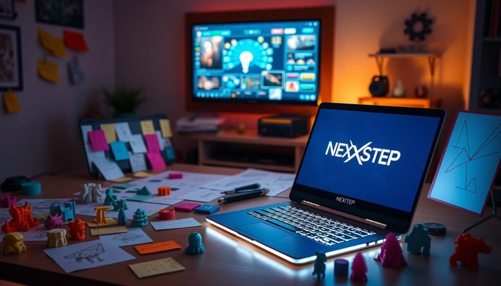 A coding desk with a glowing NEXTSTEP laptop, surrounded by a variety of colorful sticky notes, sketches, and 3D-printed game assets. Soft, warm lighting illuminates the scene, creating a cozy, focused atmosphere. In the background, a wall-mounted display showcases a game's user interface, with clean lines and vibrant colors. The setup conveys the creative process of designing a video game, with the NEXTSTEP logo prominently featured on the laptop, representing the developer's commitment to cutting-edge technology.