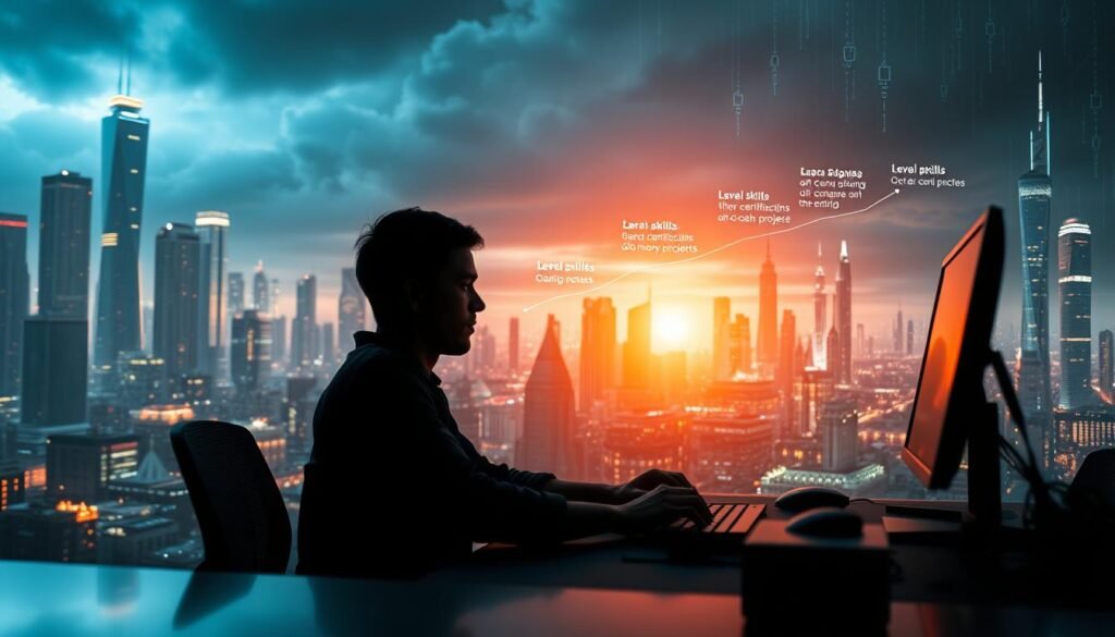 A computer programmer's career growth, depicted in a dynamic digital landscape. In the foreground, a figure sits at a desk, coding intently with a focused expression. The middle ground showcases a progression of career milestones, including leveling up skills, earning certifications, and taking on more complex projects. In the background, a futuristic cityscape with towering skyscrapers and glowing data streams, symbolizing the vast potential and opportunities in the field of computer programming. Dramatic lighting casts shadows and highlights the subject, creating a sense of depth and drama. The scene is captured with a wide-angle lens, emphasizing the vast scope of the computer programming career path.