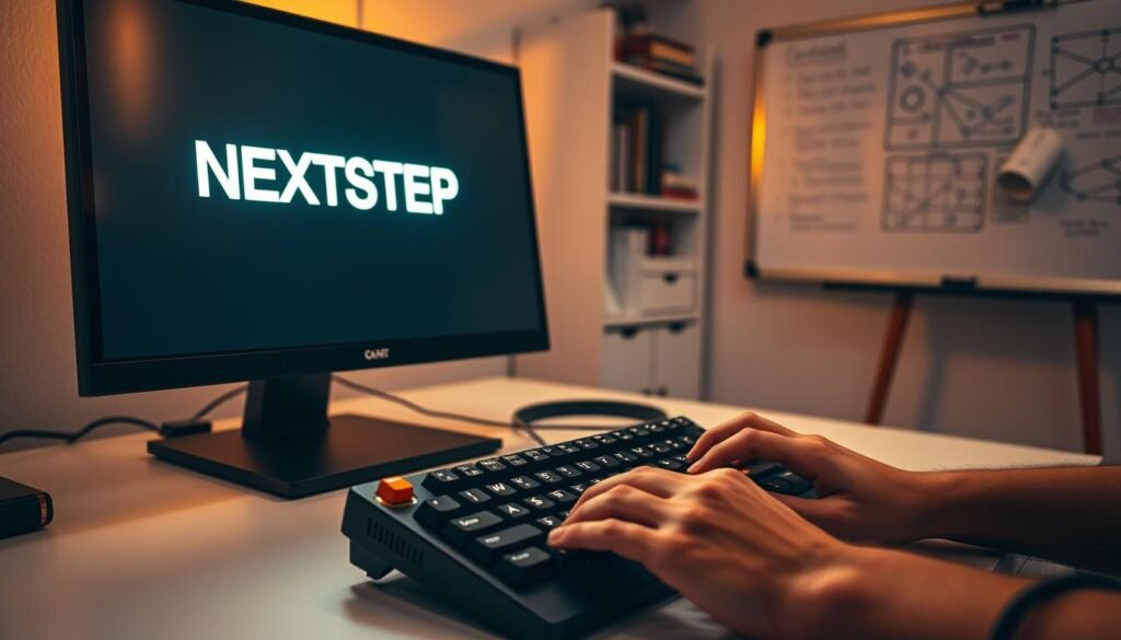 A computer workstation sits on a minimalist desk, bathed in warm, ambient lighting. A NEXTSTEP text logo glows softly on the screen, indicating the start of a coding journey. In the foreground, a pair of hands types furiously on a mechanical keyboard, the clacking keys and LED indicators adding to the focused atmosphere. The background features a bookshelf filled with programming references, and a wall-mounted whiteboard displays algorithm diagrams, suggesting a dedicated space for learning and exploration. The overall scene conveys a sense of determination and the excitement of writing one's first program.