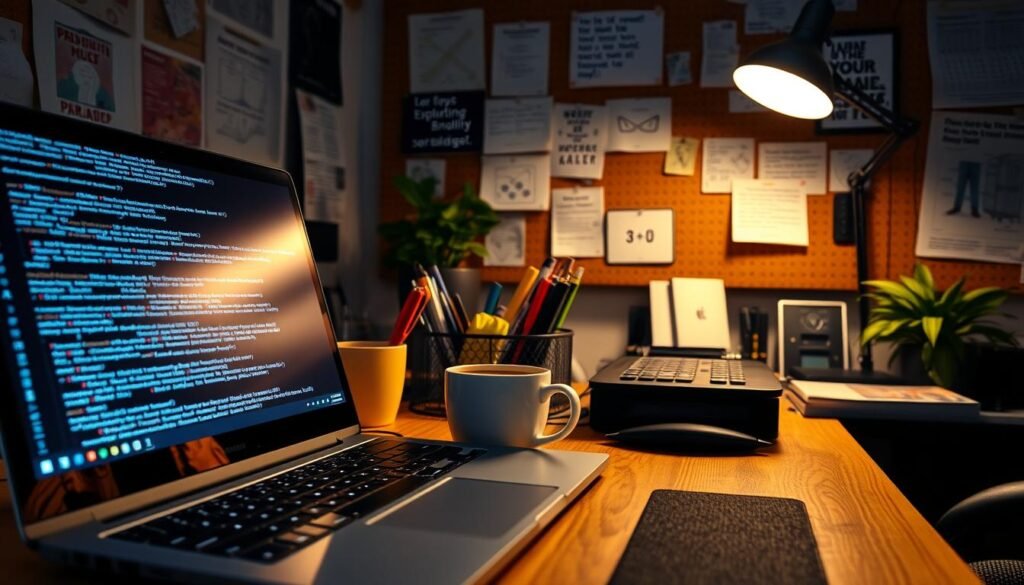 A cozy home office filled with the tools of the coding trade. In the foreground, a sleek laptop with lines of code scrolling across the screen, casting a soft glow on the desk. In the middle, a cup of steaming coffee, a workspace organizer holding pens and Post-it notes, and a potted plant adding a touch of nature. The background features a corkboard adorned with diagrams, inspirational quotes, and printouts, all illuminated by warm, focused lighting from a desk lamp. The overall atmosphere is one of focus, productivity, and the quiet joy of problem-solving.