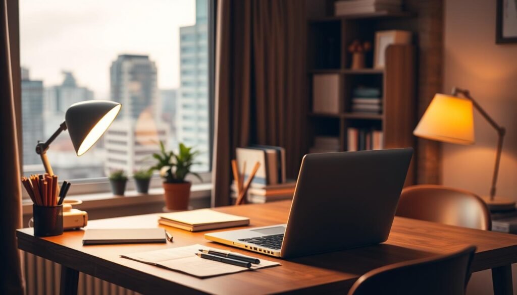 A cozy home office setup with a laptop, books, and stationery on a wooden desk. Warm, diffused lighting illuminates the scene, creating a focused and productive atmosphere. A large window in the background overlooks a cityscape, emphasizing the convenience and accessibility of online classes. The composition emphasizes the cost-effectiveness of this learning approach, with minimal physical infrastructure required compared to traditional classrooms. The overall mood is one of efficiency, comfort, and the empowerment of self-directed education.