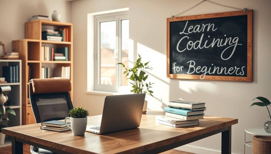 A cozy home office with a large desk, a comfortable office chair, and a well-organized bookshelf in the background. On the desk, a laptop, a stack of coding books, and a cup of coffee sit next to a potted plant. Soft, natural lighting filters in through a window, casting a warm glow on the scene. The atmosphere is one of focus, productivity, and a sense of learning and growth. A chalkboard on the wall displays the words "Learn Coding for Beginners" in elegant handwriting, emphasizing the subject matter.