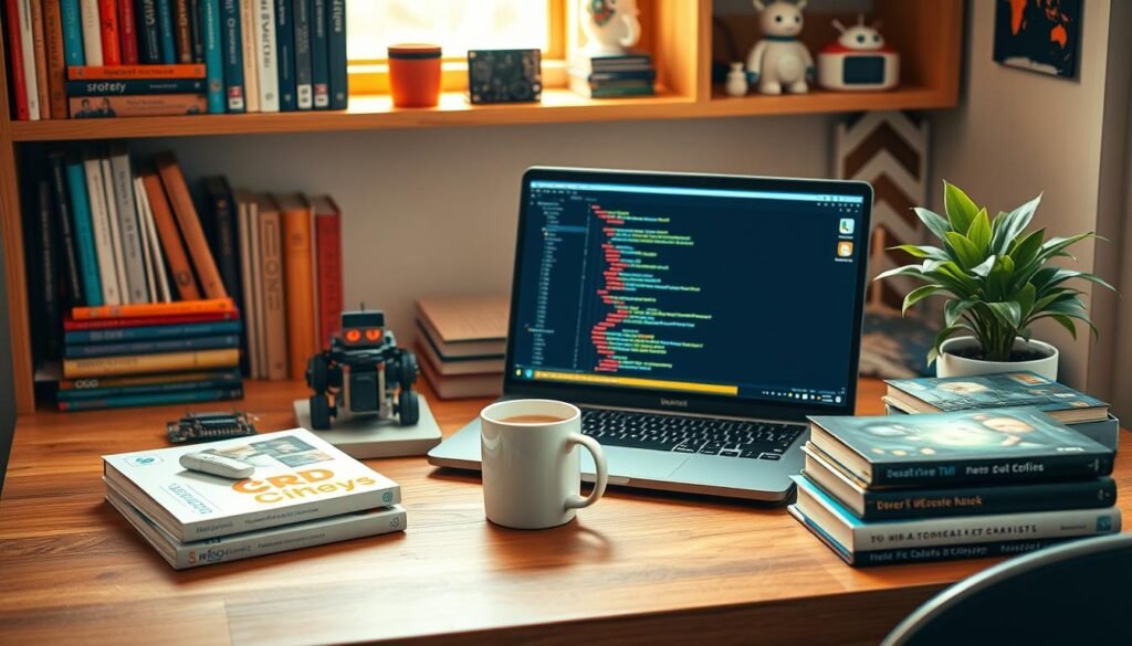 A cozy, inviting workspace with an array of beginner-friendly coding resources. On a wooden desk, a laptop displays a coding editor, surrounded by a stack of programming books, a mug of coffee, and a plant. Shelves in the background hold more books, a 3D-printed robot, and a few simple electronics kits. Warm, natural lighting illuminates the scene, creating a welcoming and encouraging atmosphere for a novice coder to dive into their coding journey.