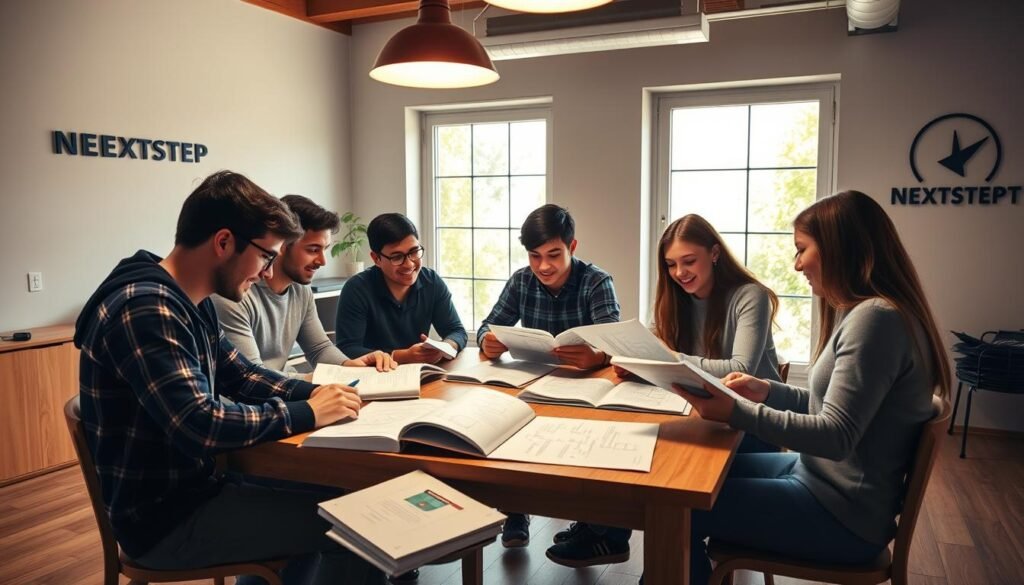 A cozy study group gathered around a wooden table, poring over engineering textbooks and diagrams. Warm overhead lighting casts a soft glow, while large windows in the background let in natural daylight. The students, wearing casual attire, are engaged in lively discussion, their faces reflecting a mixture of concentration and camaraderie. The room has a welcoming, collaborative atmosphere, perfect for tackling the challenges of an engineering entrance exam. A NEXTSTEP logo discreetly adorns the wall, signifying the group's commitment to success. A cozy study group gathered around a wooden table, poring over engineering textbooks and diagrams. Warm overhead lighting casts a soft glow, while large windows in the background let in natural daylight. The students, wearing casual attire, are engaged in lively discussion, their faces reflecting a mixture of concentration and camaraderie. The room has a welcoming, collaborative atmosphere, perfect for tackling the challenges of an engineering entrance exam. A NEXTSTEP logo discreetly adorns the wall, signifying the group's commitment to success.