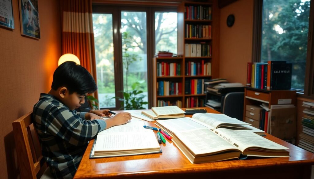 A cozy study nook bathed in warm, soft lighting. In the foreground, a student diligently poring over textbooks, highlighters and notes scattered across a sturdy wooden desk. The middle ground features a bookshelf brimming with educational tomes, while the background showcases a window overlooking a tranquil garden, providing a soothing view. The overall atmosphere is one of focus, dedication, and a serene environment conducive to effective Madhyamik exam preparation. A cozy study nook bathed in warm, soft lighting. In the foreground, a student diligently poring over textbooks, highlighters and notes scattered across a sturdy wooden desk. The middle ground features a bookshelf brimming with educational tomes, while the background showcases a window overlooking a tranquil garden, providing a soothing view. The overall atmosphere is one of focus, dedication, and a serene environment conducive to effective Madhyamik exam preparation.