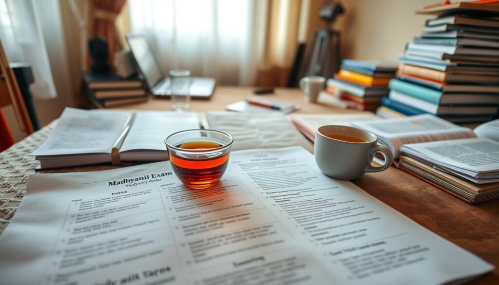 A cozy study nook, filled with warm lighting and a sense of focused determination. In the foreground, a well-organized study plan lays open, detailing Madhyamik exam topics and timelines. Alongside it, a cup of steaming tea and a stack of reference books, creating an atmosphere of diligent preparation. In the middle ground, a desk with a laptop and stationery, suggesting the student's active engagement with their studies. The background is softly blurred, emphasizing the student's singular attention on their goals. The overall scene conveys a sense of purpose, balance, and a methodical approach to setting realistic study targets for the Madhyamik exam. A cozy study nook, filled with warm lighting and a sense of focused determination. In the foreground, a well-organized study plan lays open, detailing Madhyamik exam topics and timelines. Alongside it, a cup of steaming tea and a stack of reference books, creating an atmosphere of diligent preparation. In the middle ground, a desk with a laptop and stationery, suggesting the student's active engagement with their studies. The background is softly blurred, emphasizing the student's singular attention on their goals. The overall scene conveys a sense of purpose, balance, and a methodical approach to setting realistic study targets for the Madhyamik exam.