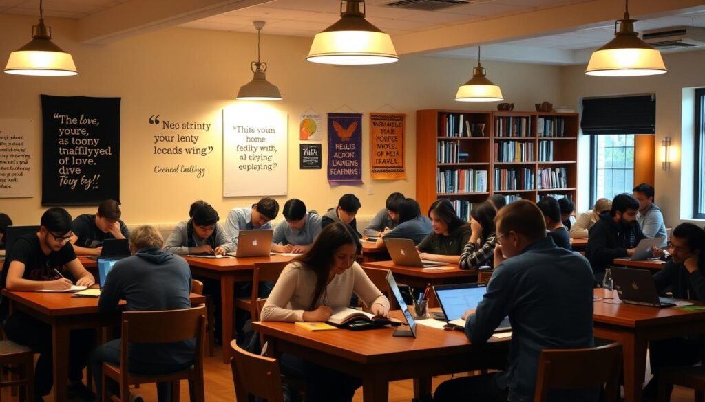 A cozy study room with groups of students gathered around wooden tables, their heads bent over notebooks and laptops. Warm lighting from overhead lamps casts a soft glow, fostering an atmosphere of concentration and collaboration. The walls are adorned with motivational quotes and vibrant wall hangings, creating an inviting and inspiring study environment. In the foreground, students engage in lively discussions, exchanging ideas and supporting each other's learning. In the background, bookshelves line the walls, hinting at the wealth of knowledge available. The scene captures the essence of combining individual note-taking with the power of group learning and peer support.