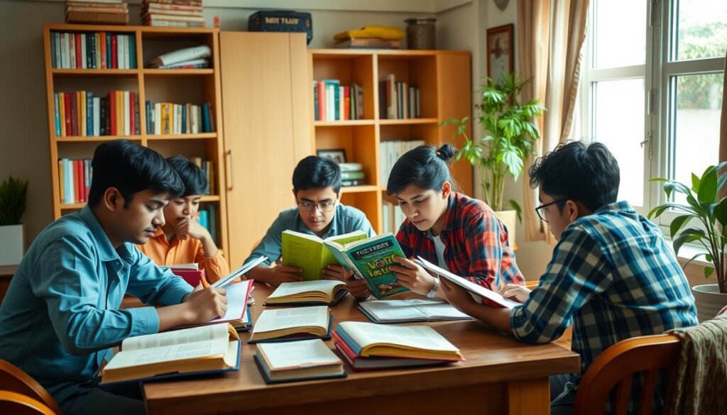A cozy study space with a group of students gathered around a table, intently poring over textbooks and notes. Soft, warm lighting illuminates their focused expressions as they collaborate on last-minute revisions for the Madhyamik exams. The room has a homely, welcoming atmosphere, with a bookshelf in the background and a potted plant adding a touch of nature. The students' body language conveys a mix of determination and camaraderie, reflecting the pros and cons of group study - the support and shared knowledge balanced against the potential for distraction. The overall scene captures the intensity and camaraderie of this crucial academic moment. A cozy study space with a group of students gathered around a table, intently poring over textbooks and notes. Soft, warm lighting illuminates their focused expressions as they collaborate on last-minute revisions for the Madhyamik exams. The room has a homely, welcoming atmosphere, with a bookshelf in the background and a potted plant adding a touch of nature. The students' body language conveys a mix of determination and camaraderie, reflecting the pros and cons of group study - the support and shared knowledge balanced against the potential for distraction. The overall scene captures the intensity and camaraderie of this crucial academic moment.