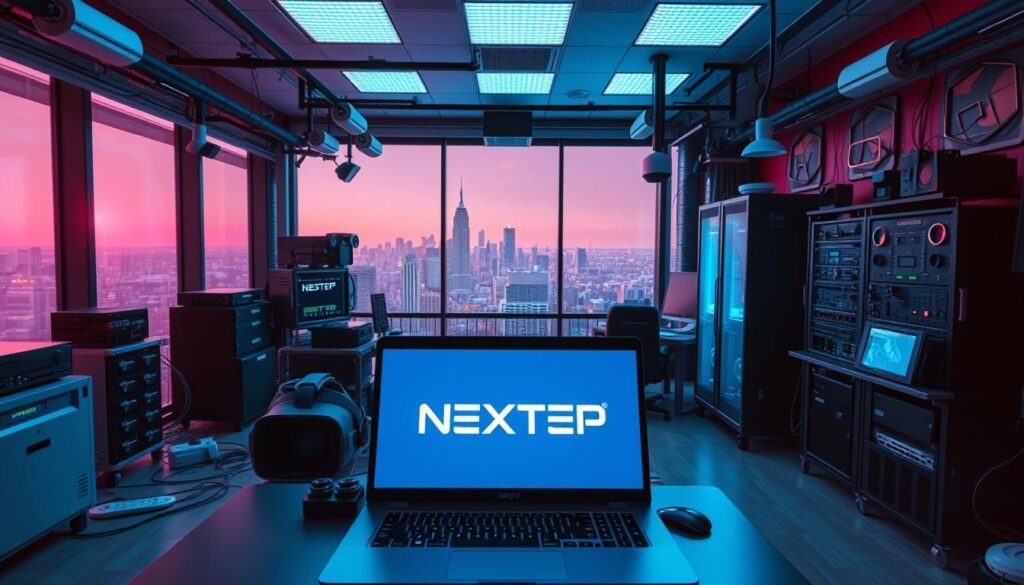 A cybersecurity project room filled with high-tech equipment, illuminated by cool-toned ambient lighting. In the foreground, a sleek laptop displays a NEXTSTEP logo, surrounded by various networking devices, security cameras, and a virtual reality headset. The middle ground features a server rack and a security control panel, while the background showcases a panoramic view of a futuristic cityscape through large windows. The overall atmosphere is one of innovation, innovation, and cutting-edge technology, perfectly capturing the essence of "Implementing Cybersecurity Measures".