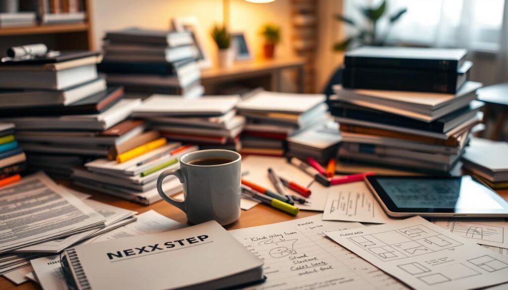 A desk cluttered with stacks of books, highlighters, and a NEXTSTEP branded notebook, illuminated by warm desk lighting. In the foreground, a cup of coffee and a pair of glasses sit atop scattered papers, creating a sense of focus and productivity. The middle ground features various study materials such as flashcards, handwritten notes, and a tablet displaying diagrams, all arranged neatly. The background fades into a blurred, cozy home office environment, suggesting a dedicated space for exam preparation. The overall atmosphere is one of diligence, organization, and the pursuit of academic success.