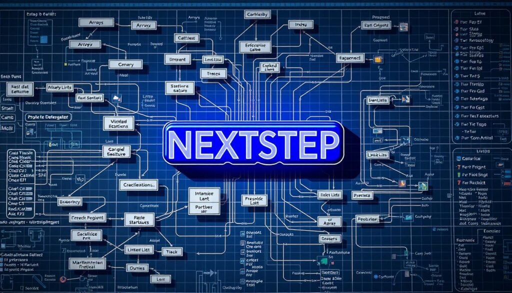 A detailed blueprint of interconnected data structures, featuring a vibrant NEXTSTEP text logo hovering in the center. The foreground showcases various classic data structures like arrays, linked lists, stacks, queues, and trees, each with unique visual representations. The middle ground depicts their intricate relationships and transformations, while the background is a dynamic, matrix-like grid, symbolizing the underlying computational patterns. The lighting is sharp and directional, casting dramatic shadows that accentuate the depth and complexity of the structures. The overall mood is one of technical sophistication and intellectual engagement, perfectly suited to illustrate the "Data Structures Overview" section of the "Easy Programming Basics Every Computer Studies Student Should Know" article.