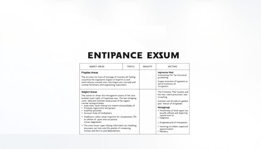 A detailed engineering entrance exam syllabus presented in a clean, professional layout. The foreground features a sleek, minimalist design with geometric shapes and lines, showcasing the key topics and sections. The middle ground highlights specific subject areas and their weightage, with a balanced composition. The background has a subtle textured gradient, conveying a sense of authority and academic rigor. Crisp, directional lighting illuminates the design elements, creating depth and clarity. The overall mood is one of informative precision, reflecting the subject matter. A detailed engineering entrance exam syllabus presented in a clean, professional layout. The foreground features a sleek, minimalist design with geometric shapes and lines, showcasing the key topics and sections. The middle ground highlights specific subject areas and their weightage, with a balanced composition. The background has a subtle textured gradient, conveying a sense of authority and academic rigor. Crisp, directional lighting illuminates the design elements, creating depth and clarity. The overall mood is one of informative precision, reflecting the subject matter.