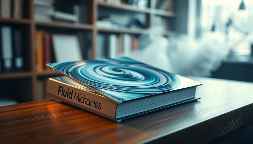 A detailed fluid mechanics textbook resting on a wooden desk, illuminated by a warm, directional light from the side. The cover features a glossy, stylized illustration of fluid flow patterns, with streamlines and vortices swirling across the surface. The book's spine displays the title in a clean, technical typeface. In the background, a blurred, atmospheric scene suggests a professional, academic setting, perhaps with bookshelves or laboratory equipment visible. The overall mood is one of thoughtful contemplation, inviting the viewer to delve into the complexities of fluid dynamics.