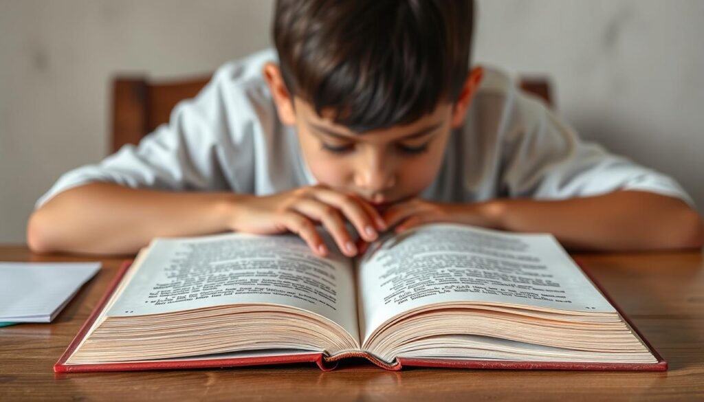A detailed, realistic image of a student studying an open book on a wooden desk, with a "NEXTSTEP" logo visible in the background. The book's pages should display an English comprehension passage, reflecting the subject matter. The lighting should be warm and natural, creating a focused, studious atmosphere. The angle should be slightly elevated, giving a sense of the student's perspective. The background should be uncluttered, with subtle textures and details to enhance the overall composition.